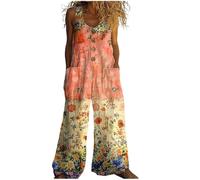 Mono Mujer Verano Peto de Lino y Algodón Monos Boho Hippie de Pierna Ancha Overol Vintage con Estampado y Bolsillos Jumpsuit Elegante Casual para Playa y Diario Elegante Casual Ropa (18,L)