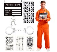 Mono Naranja Disfraz Preso Hombre, 6 Disfraz Prisionero Carcel de Halloween Adultos, Traje Prisionero con Esposas, Tatuajes, Etiquetas de Nombre Para Halloween, Carnaval y Juego de Roles (XXL)