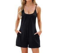 Mono negro con tirantes delgados para mujer, enterizo de verano con flores para mujer, largo corto, con bolsillos, holgado, tirantes, sin mangas, elástico, casual, para vacaciones, Negro, XXL