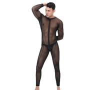 Mono para hombre con malla de pescado, transparente, con aspecto mojado, látex, manga larga, abrigo de malla, camiseta de cuerpo entero, con mangas largas, sexy, color negro con policía rojo, R negro