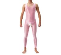 Mono para hombre largo brillante liso de nailon elástico, mono abierto sexy erótico ajustado, sin mangas y legging, ropa erótica caliente, trajes para momentos privados, #01-rosa, XL