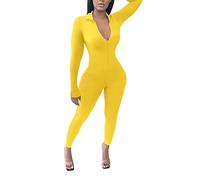 Mono para mujer, ajustado con cremallera, monocolor, bodycon con cuello en V, sin costuras, para yoga, monocolor, mono de una pieza, traje de cuerpo entero, chándal deportivo, amarillo, M