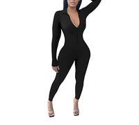 Mono para mujer, ajustado con cremallera, monocolor, bodycon con cuello en V, sin costuras, para yoga, monocolor, mono de una pieza, traje de cuerpo entero, chándal deportivo, Negro , L