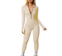 Mono para mujer, ajustado, largo, de manga larga, con cremallera, con cuello de pico, pantalones de peto, sexy, traje de deporte, ligero, de una pieza, cómodos, pantalones cortos de yoga