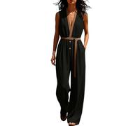 Mono para mujer chic Elegante noche mono mujer verano fluido casual suelto moda una pieza traje hombros descubiertos playa mono cuello en v largo Playsuit con cinturón pantalones sueltos pierna, Negro