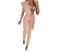 Mono para mujer con purpurina, con un hombro, con lentejuelas, parte superior brillante, elegante, para fiesta, sexy, manga larga, informal, festival, fiesta, bodycon con estilo con cinturón para