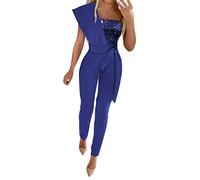 Mono para mujer con purpurina, con un hombro, con lentejuelas, parte superior brillante, elegante, para fiesta, sexy, manga larga, informal, festival, fiesta, bodycon con estilo con cinturón para