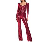 Mono para mujer con purpurina, manga larga, cuello en V, largo, con lentejuelas, traje de pantalón con cinturón, para actuación en escenario y fiesta de disfraces, discoteca, O Rosa Caliente, XXL