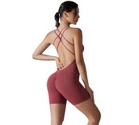 Mono para mujer Conjunto de Yoga for mujer, mono deportivo ajustado con Espalda descubierta, mono que levanta el trasero, mono corto for gimnasio y Fitness, conjunto de una pieza(Dark Red,XL)
