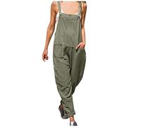 Mono para mujer de algodón, pantalones de peto de tela delgada, sueltos, pantalones de verano con tirantes, pantalones de trabajo de una pieza, con bolsillos, sin mangas, pelele ligero, Verde