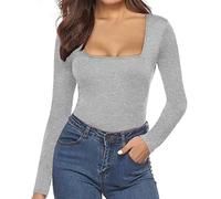 Mono para mujer de cuello bajo, conjunto de mono de manga larga sólido tops bodysuit mono de manga larga corto conjunto, gris, L