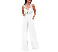 Mono para mujer, de verano, sexy, con cuello en V, sin mangas, mono casual, ropa de mujer (blanco L)