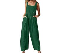 Mono para mujer, disfraz de una pieza, elegante, largo, de lino, elegante, peto, largo, ligero, pierna ancha, pantalones de verano con bolsillos, monocolor, moda, pantalones de ocio amplios, zGreen, M