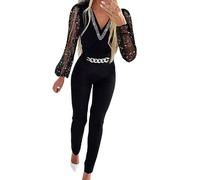 Mono para mujer, elegante, festivo, brillante, manga larga, cintura alta, cóctel, fiesta, traje de mujer, sexy, cuello de pico, malla, mono festivo, monos de una pieza, traje de pantalón, mono largo