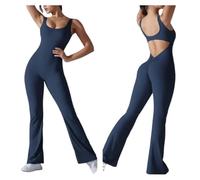 Mono para mujer Mono largo con pernera ancha for mujer, traje deportivo for correr y Fitness, Color sólido, sin espalda y levantador de cadera, traje de Yoga, 1 ud.(Deep Blue,L)