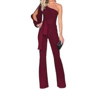 Mono para mujer, sin mangas, con un hombro, ajustado, cintura alta, pierna ancha, elegante traje de banquete de verano, granate, S
