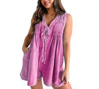 Mono para mujer, traje de pantalón para mujer, informal, sin mangas, corbata frontal, vaquero, pantalones cortos con bolsillo, urbano, elegante, ropa de calle elástica, O rojo., L