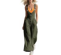 Mono Peto Mujer Botones Frontales Pierna Ancha Verano Elegante, Tirantes Ajustables Sin Mangas Cuello Cuadrado, Oficina Casual Cintura Alta Ligero Cómodo Playa Vacaciones Fresco(Army Green, XL)