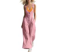 Mono Peto Mujer Botones Frontales Pierna Ancha Verano Elegante, Tirantes Ajustables Sin Mangas Cuello Cuadrado, Oficina Casual Cintura Alta Ligero Cómodo Playa Vacaciones Fresco(Pink, XL)