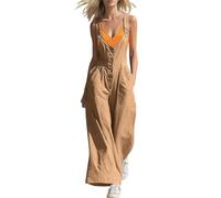 Mono Peto Mujer Botones Frontales Pierna Ancha Verano Elegante, Tirantes Ajustables Sin Mangas Cuello Cuadrado, Oficina Casual Cintura Alta Ligero Cómodo Playa Vacaciones Fresco(Khaki, L)