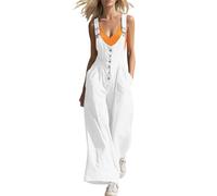 Mono Peto Mujer Botones Frontales Pierna Ancha Verano Elegante, Tirantes Ajustables Sin Mangas Cuello Cuadrado, Oficina Casual Cintura Alta Ligero Cómodo Playa Vacaciones Fresco(White, M)