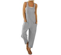 Mono Peto Mujer Lino de algodón Suelto Jumpsuit Moda Casual Petos de Pantalones Largo Bolsillo Color Sólido Mono con Botones Pantalón Verano Holgado Ajustable
