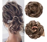 Moño Postizo Desordenado Rizado Coletero Peinado Natural Postizo Sintético Postizos de Pelo Ondulado Hair Extensiones de Cabello Cola de Cabello 30g para Muje, Marrón dorado&Rubia natural