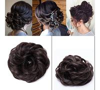 Moño Postizo Voluminoso Rizado con Goma Pelo Sintético Se Ve Natural Extensiones de Cabello Coletero Recogido Peinado Alto para Mujer Ondulado Coleta Postiza (40g,Castaño Chocolate)