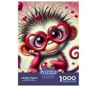 Mono Puzzle De 1000 Trozos Papel Grueso Mono with Heart-Shaped Glasses and Hearts Rompecabezas Compatible con Tabla Entretenimiento Fin De Semana Ocio En Casa 52x38cm/1000pcs