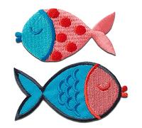 Mono Quick Pez 2 piezas rojo azul animal - Parches Termoadhesivos Bordados Aplique Para Ropa, Tamaño: 3,3 x 6,2 cm