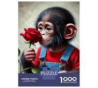 Mono Set De 1000 Piezas Papel Reciclado Baby Mono in Overalls Holding A Red Rose Puzzle Familiar Actividad De Vinculación Familiar Horas De Entretenimiento Ocio Casa 38x26cm/1000pcs