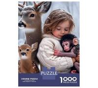 Mono Set De 1000 Piezas Papel Reciclado Child with Deer and Baby Mono in Snow Puzzle Familiar Fácil De Almacenar Aficionados A Los Rompecabezas Atractivo Ocio Casa 38x26cm/1000pcs