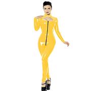Mono sexy de látex de piel sintética para mujer, de manga larga, bodycon a la moda, talla grande con entrepierna con cremallera, ropa de clubwear XS-7XL, amarillo, S
