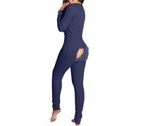 Mono Sexy para Mujer con Detalle de V, Pijama Entero con Apertura Trasera de Botón, Mono Bodycon, Traje de Casa, Traje de Entrenamiento, Pijama de Una Pieza, azul oscuro, S