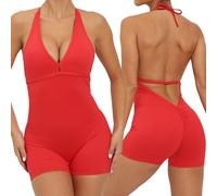 Mono sexy para mujer, sin mangas, espalda descubierta, de una pieza, sin costuras, elástico, bodycon para gimnasio, yoga, pantalones cortos de verano, ajustados, para deporte, con espalda en V, rojo,