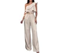 Mono sin mangas de pierna ancha para mujer, con volantes, cintura alta, un hombro, cuello inclinado, color sólido, estilo de viaje, ajuste entallado, albaricoque, S