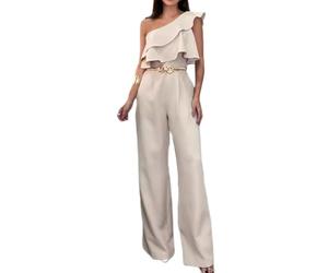 Mono sin mangas de pierna ancha para mujer, con volantes, cintura alta, un hombro, cuello inclinado, color sólido, estilo de viaje, ajuste entallado, albaricoque, S