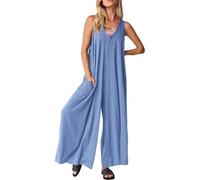 Mono sin mangas para mujer, con cuello en V, pantalones de verano de gran tamaño, con bolsillos, mono informal, ligero, traje de pantalón de pierna ancha, para correr, al aire libre, playa, azul claro
