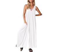 Mono sin mangas para mujer, con cuello en V, pantalones de verano de gran tamaño, con bolsillos, mono informal, ligero, traje de pantalón de pierna ancha, para correr, al aire libre, playa, Blanco