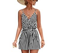 Mono sin mangas para mujer, monocolor, de verano, corto, cuello en V, elegante, informal, cintura alta, con doble bolsillo (XL-negro)