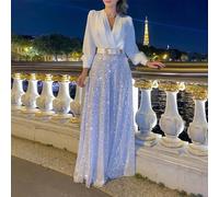 Mono suelto de pierna ancha con cuello en V con empalme de lentejuelas para ropa de noche de mujer (2XL blanco)