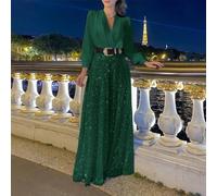 Mono suelto de pierna ancha con cuello en V con empalme de lentejuelas para ropa de noche de mujer (2XL verde oscuro)