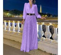 Mono suelto de pierna ancha con cuello en V con empalme de lentejuelas para ropa de noche de mujer (M morado)
