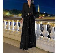 Mono suelto de pierna ancha con cuello en V con empalme de lentejuelas para ropa de noche de mujer (M negro)