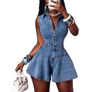 Mono Vaquero Corto para Mujer, Mono Vaquero Ajustado elástico sin Mangas Elegante a la Moda, Pantalones Cortos de Verano, Mameluco de Pierna Ancha,Azul,M