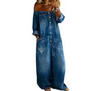 Mono Vaquero de Corte Holgado para Mujer, Mono Sexy de Manga Larga con Hombros Descubiertos y Botones, Mono Vaquero de Pierna Ancha, Mameluco Largo de Mezclilla,Dark Blue,S