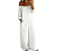 Mono Vaquero de Corte Holgado para Mujer, Mono Sexy de Manga Larga con Hombros Descubiertos y Botones, Mono Vaquero de Pierna Ancha, Mameluco Largo de Mezclilla,Blanca,M