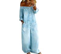 Mono Vaquero de Corte Holgado para Mujer, Mono Sexy de Manga Larga con Hombros Descubiertos y Botones, Mono Vaquero de Pierna Ancha, Mameluco Largo de Mezclilla,Light Blue,M