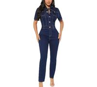Mono Vaquero de Manga Corta con Botones para Mujer Mono Vaquero Ajustado elástico Mamelucos,C,S