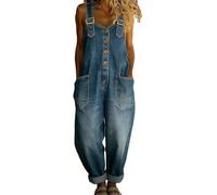 Mono Vaquero Desgastado Vintage de los años 90 para Mujer, sin Mangas, Ajuste Holgado, Dobladillo Enrollado, Pierna Recta, Mono Vaquero con Bolsillos,Azul,S